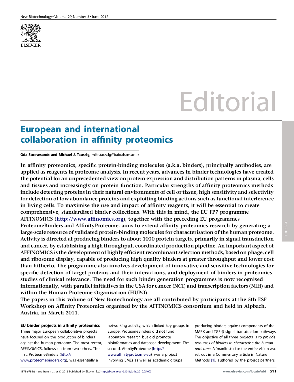 عکس صفحه اول مقاله: European and international collaboration in affinity proteomics European and international collaboration in affinity proteomics
