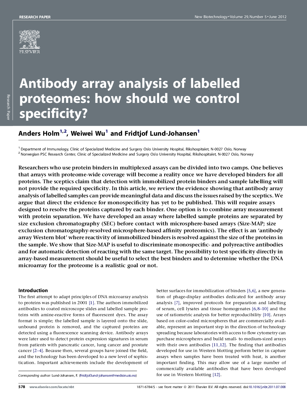 عکس صفحه اول مقاله: Antibody array analysis of labelled proteomes: how should we control specificity? Antibody array analysis of labelled proteomes: how should we control specificity?