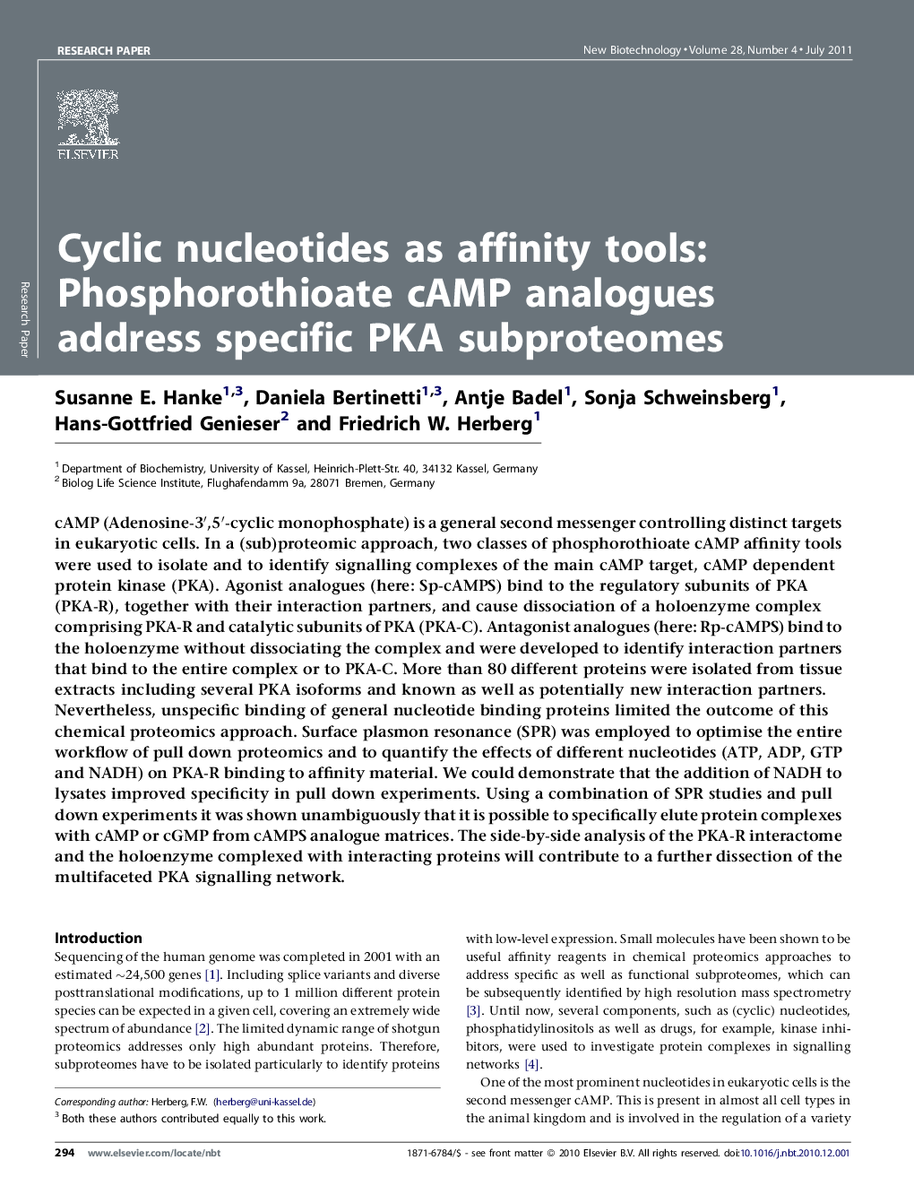 Cyclic nucleotides as affinity tools: Phosphorothioate cAMP analogues address specific PKA subproteomes