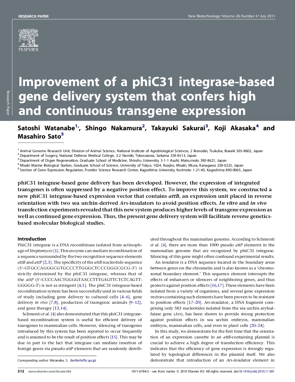 عکس صفحه اول مقاله: Improvement of a phiC31 integrase-based gene delivery system that confers high and continuous transgene expression Improvement of a phiC31 integrase-based gene delivery system that confers high and continuous transgene expression