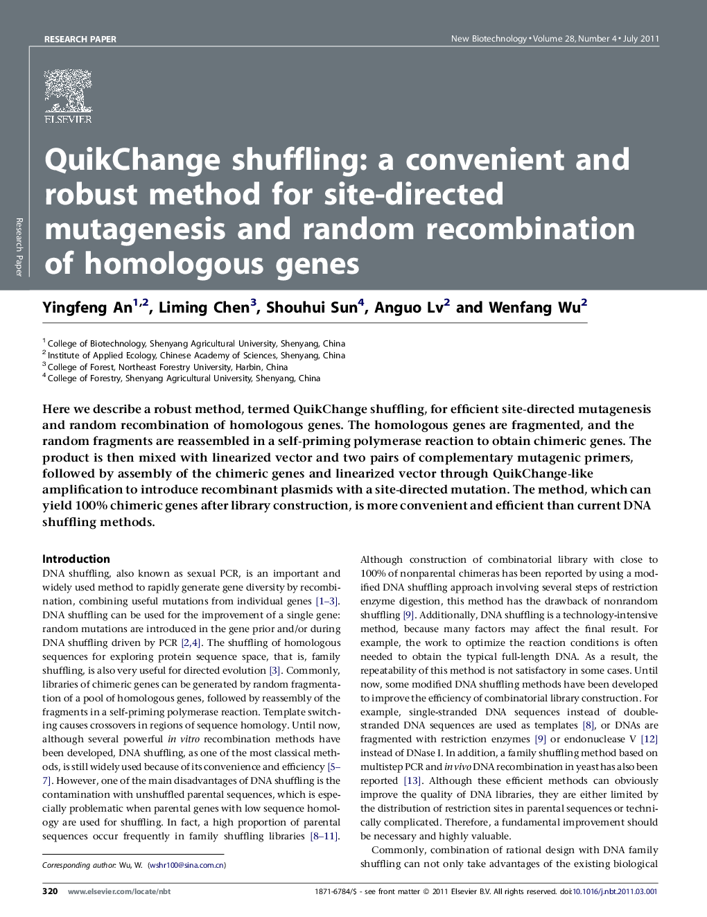 عکس صفحه اول مقاله: QuikChange shuffling: a convenient and robust method for site-directed mutagenesis and random recombination of homologous genes QuikChange shuffling: a convenient and robust method for site-directed mutagenesis and random recombination of homologous genes