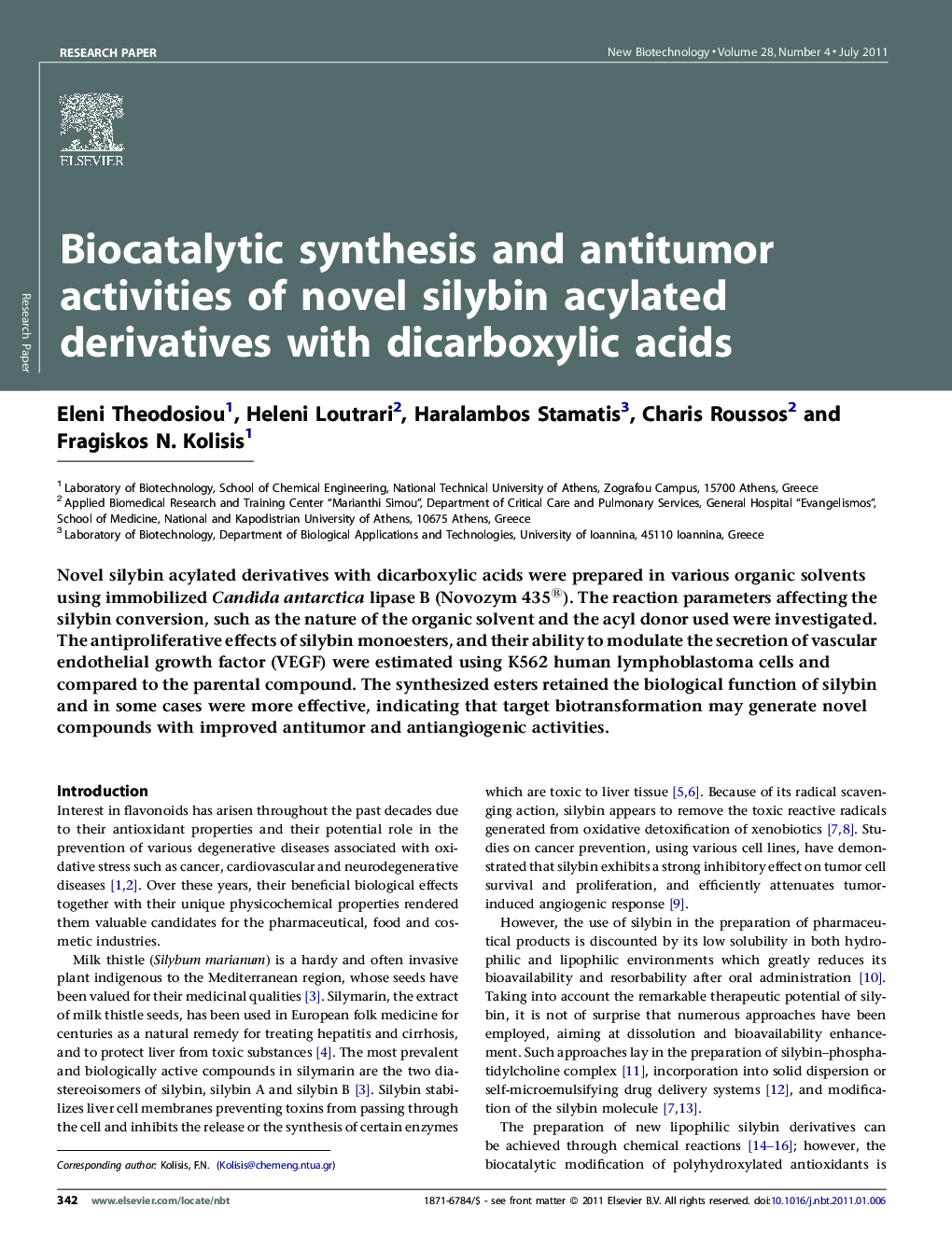 عکس صفحه اول مقاله: Biocatalytic synthesis and antitumor activities of novel silybin acylated derivatives with dicarboxylic acids Biocatalytic synthesis and antitumor activities of novel silybin acylated derivatives with dicarboxylic acids