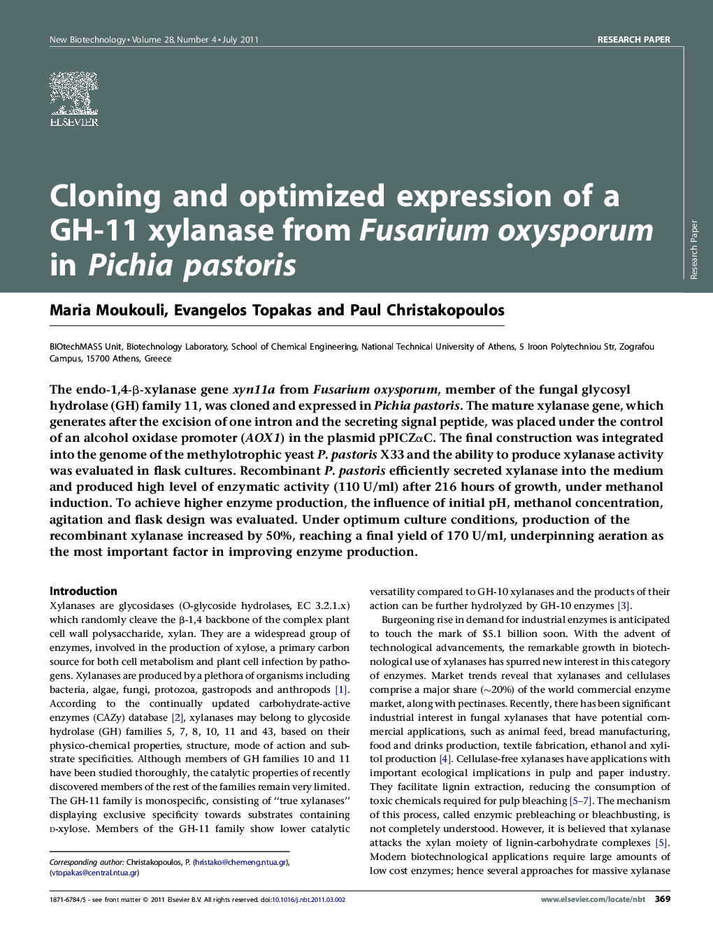 Cloning and optimized expression of a GH-11 xylanase from Fusarium oxysporum in Pichia pastoris