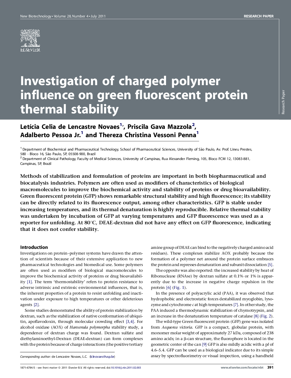 Investigation of charged polymer influence on green fluorescent protein thermal stability
