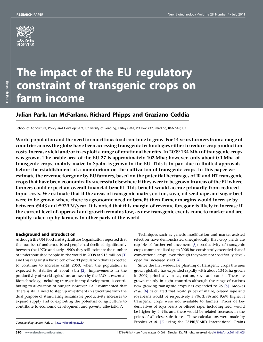 The impact of the EU regulatory constraint of transgenic crops on farm income