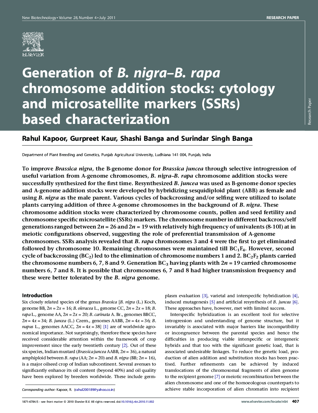 Generation of B. nigra-B. rapa chromosome addition stocks: cytology and microsatellite markers (SSRs) based characterization
