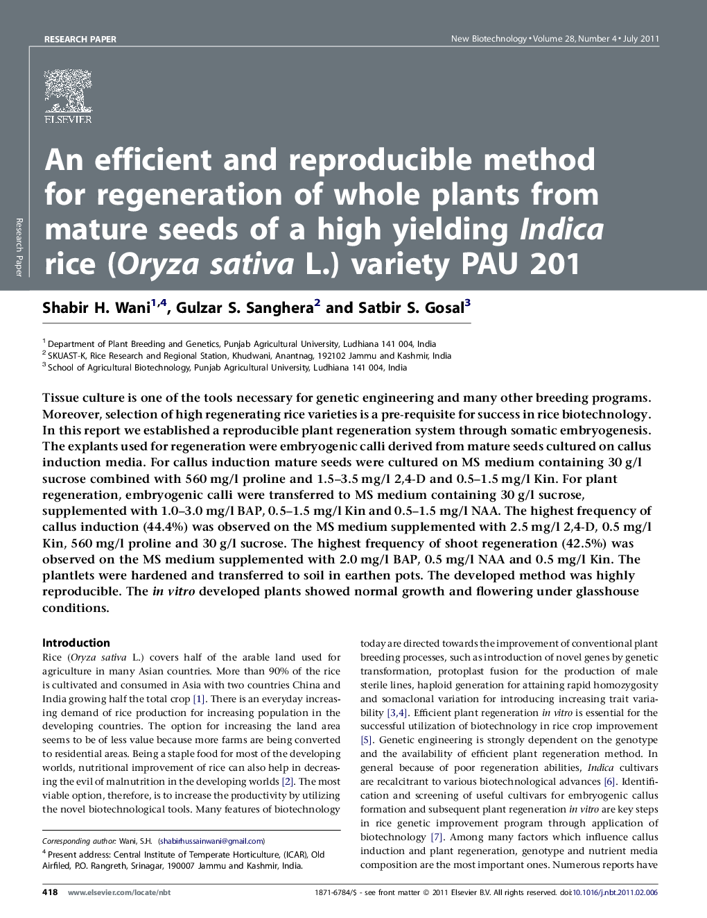 عکس صفحه اول مقاله: An efficient and reproducible method for regeneration of whole plants from mature seeds of a high yielding Indica rice (Oryza sativa L.) variety PAU 201 An efficient and reproducible method for regeneration of whole plants from mature seeds of a high yielding Indica rice (Oryza sativa L.) variety PAU 201