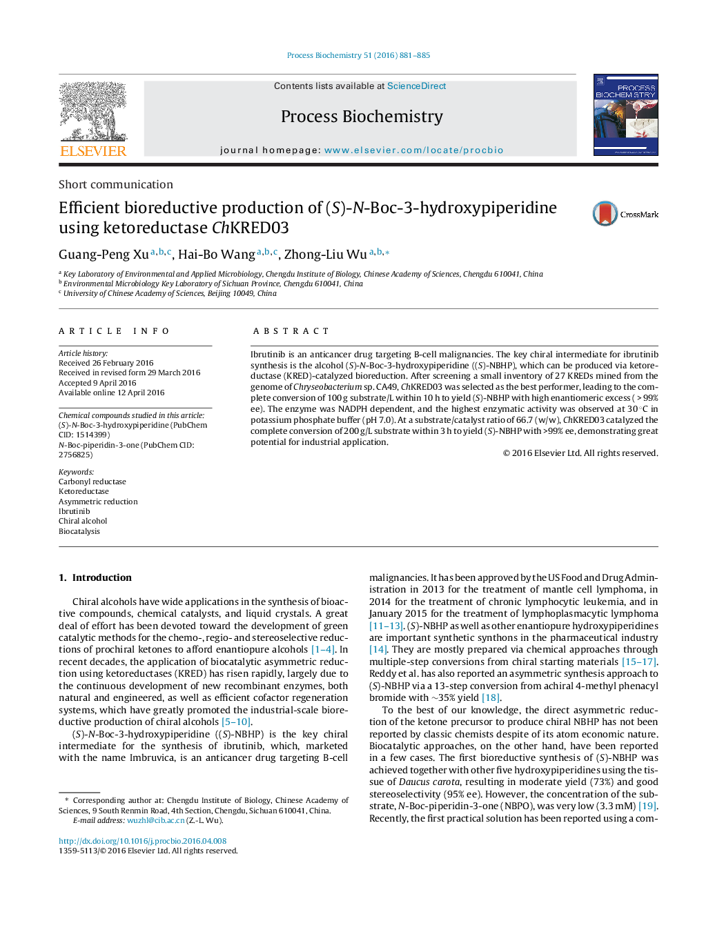 Efficient bioreductive production of (S)-N-Boc-3-hydroxypiperidine using ketoreductase ChKRED03