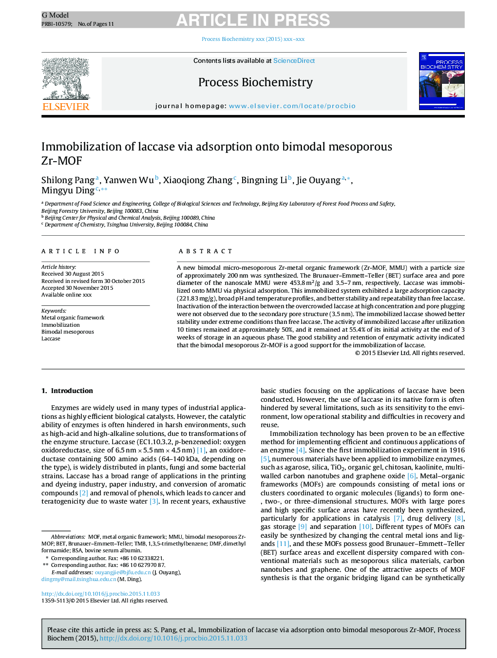 Immobilization of laccase via adsorption onto bimodal mesoporous Zr-MOF