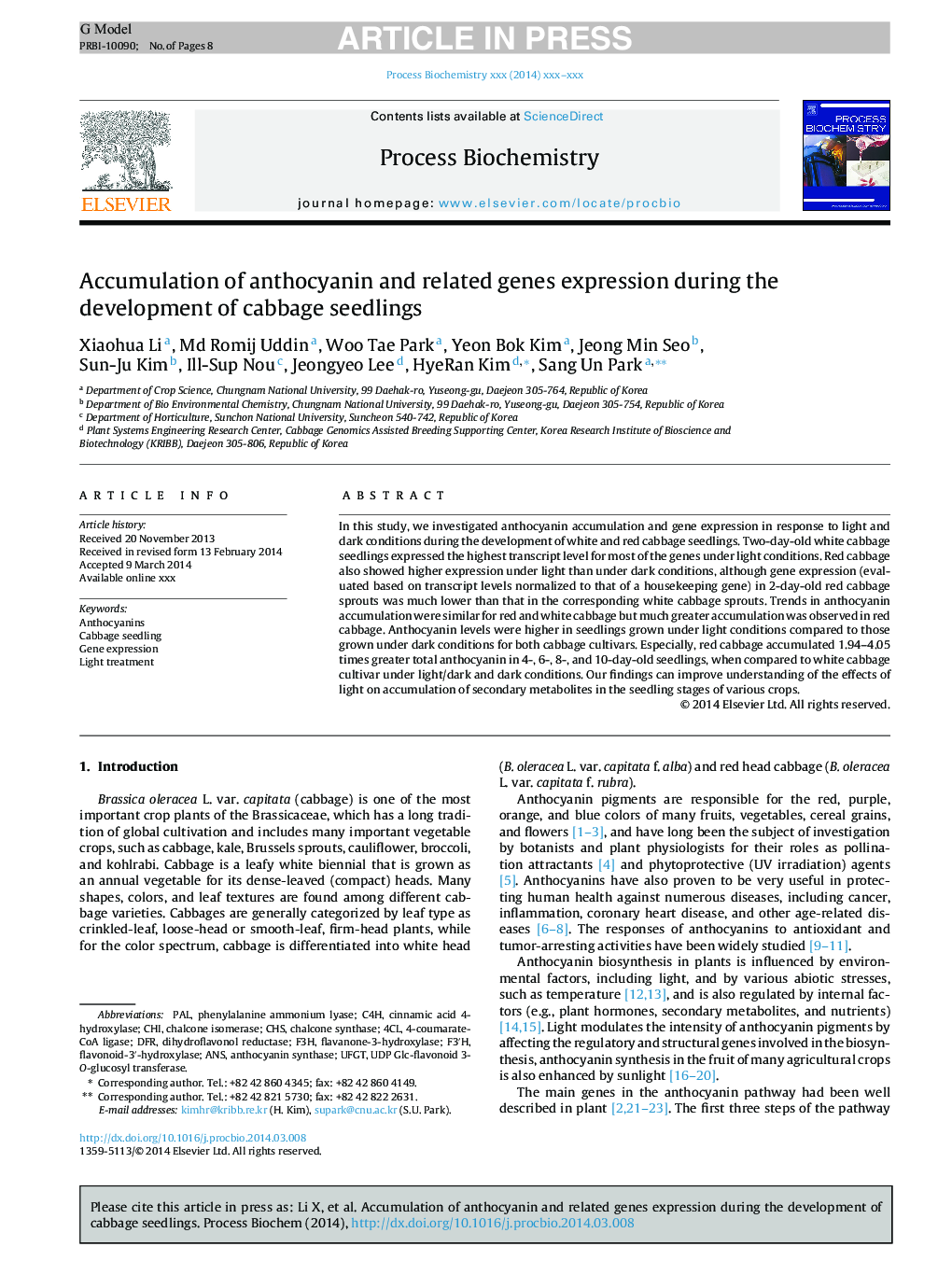 Accumulation of anthocyanin and related genes expression during the development of cabbage seedlings