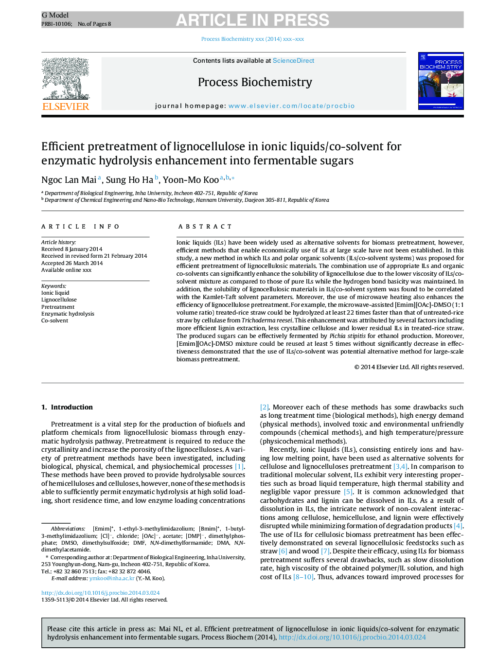 Efficient pretreatment of lignocellulose in ionic liquids/co-solvent for enzymatic hydrolysis enhancement into fermentable sugars