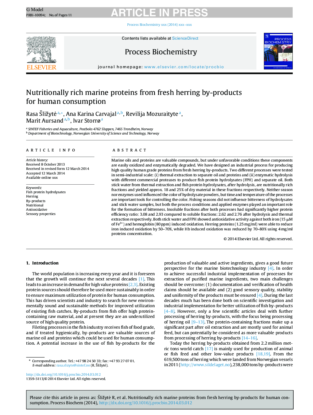 Nutritionally rich marine proteins from fresh herring by-products for human consumption