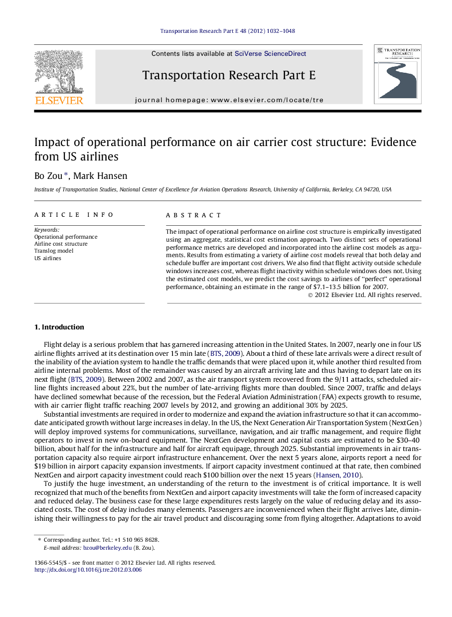 Impact of operational performance on air carrier cost structure: Evidence from US airlines