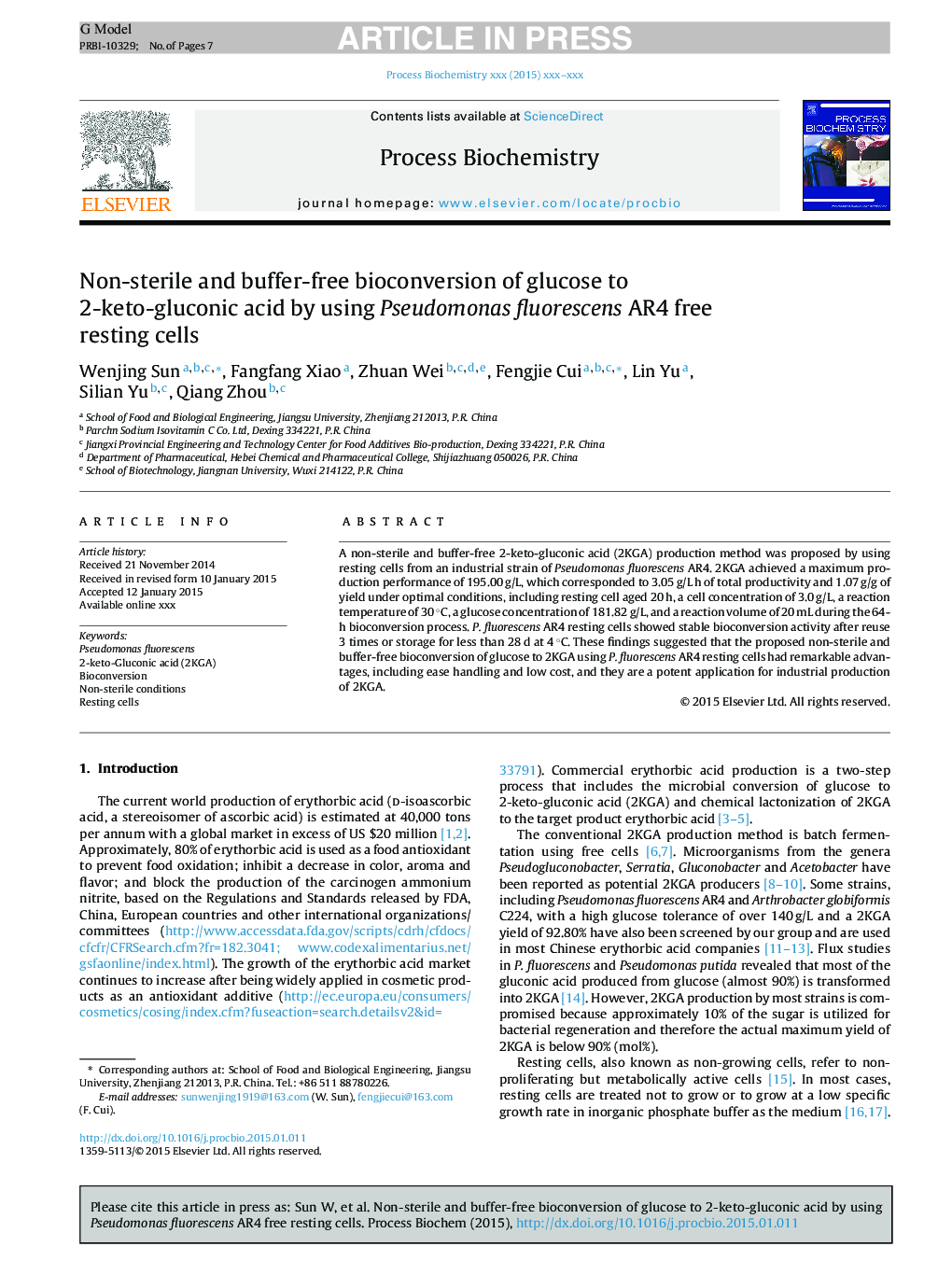 Non-sterile and buffer-free bioconversion of glucose to 2-keto-gluconic acid by using Pseudomonas fluorescens AR4 free resting cells