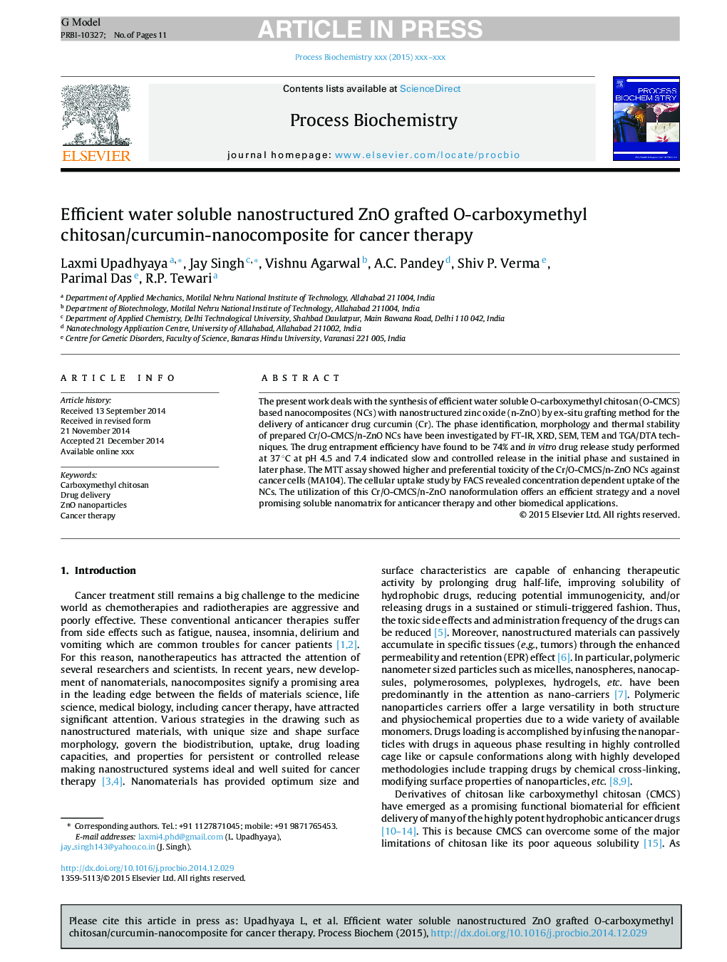 Efficient water soluble nanostructured ZnO grafted O-carboxymethyl chitosan/curcumin-nanocomposite for cancer therapy