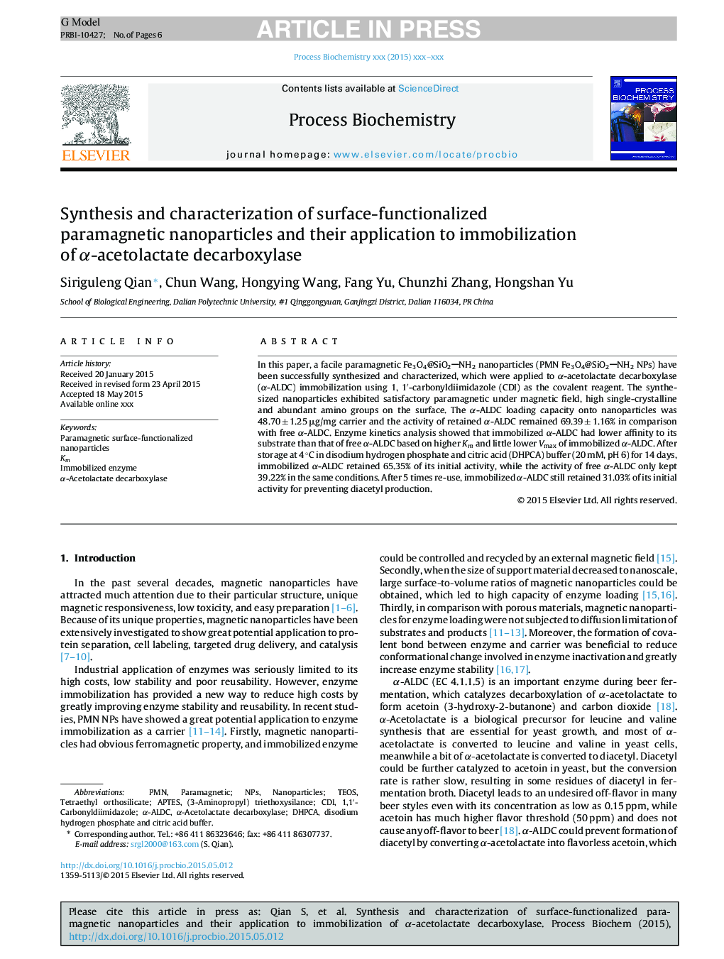 Synthesis and characterization of surface-functionalized paramagnetic nanoparticles and their application to immobilization of Î±-acetolactate decarboxylase