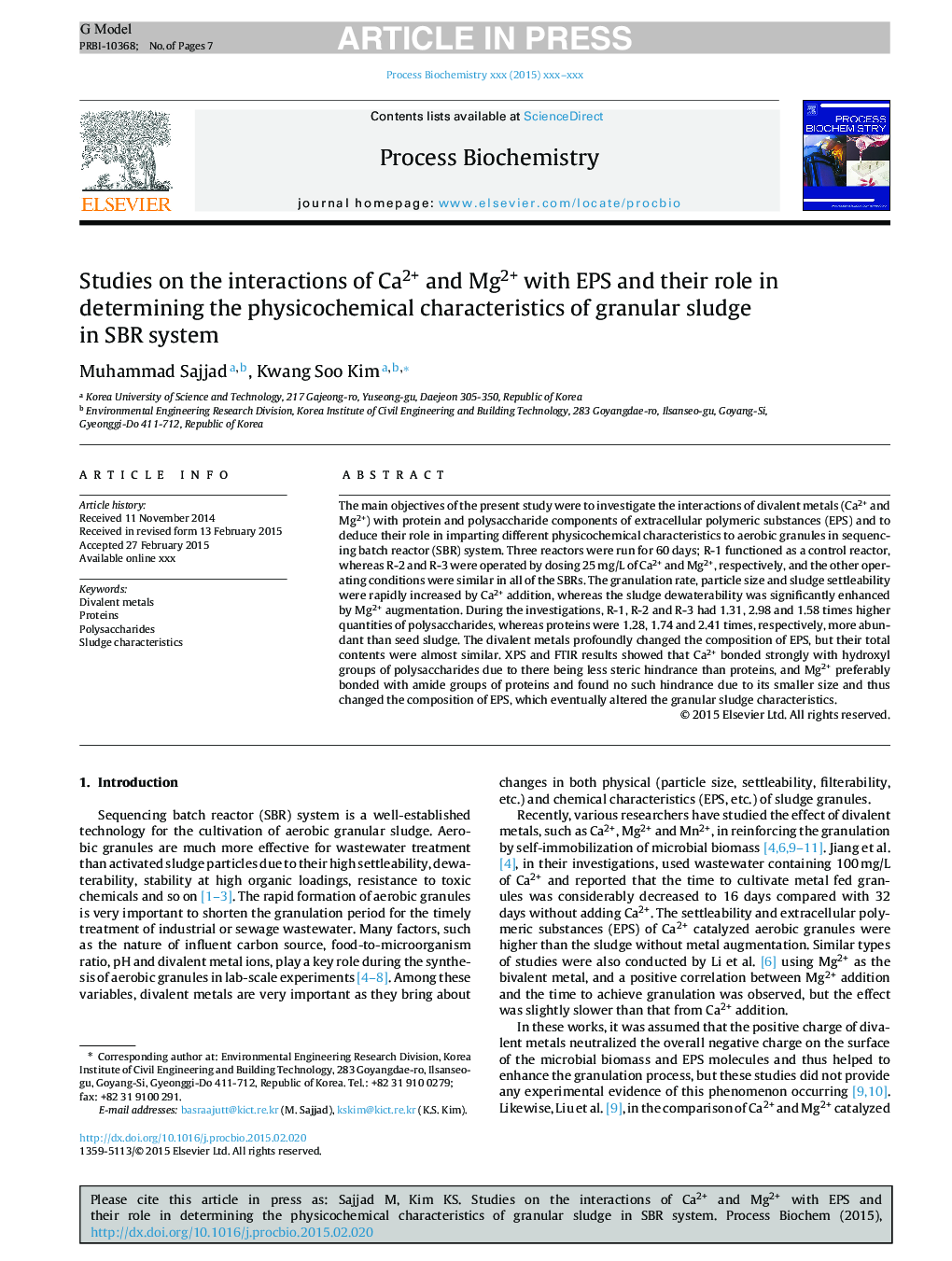 Studies on the interactions of Ca2+ and Mg2+ with EPS and their role in determining the physicochemical characteristics of granular sludges in SBR system