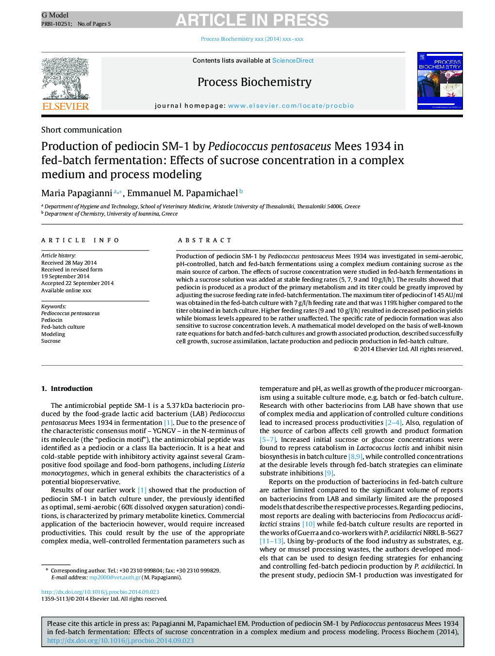 Production of pediocin SM-1 by Pediococcus pentosaceus Mees 1934 in fed-batch fermentation: Effects of sucrose concentration in a complex medium and process modeling