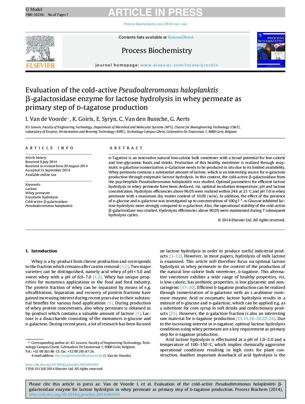 Evaluation of the cold-active Pseudoalteromonas haloplanktis Î²-galactosidase enzyme for lactose hydrolysis in whey permeate as primary step of d-tagatose production