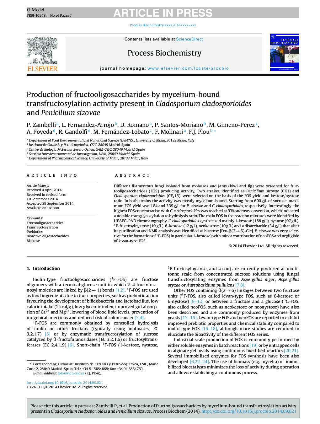 Production of fructooligosaccharides by mycelium-bound transfructosylation activity present in Cladosporium cladosporioides and Penicilium sizovae