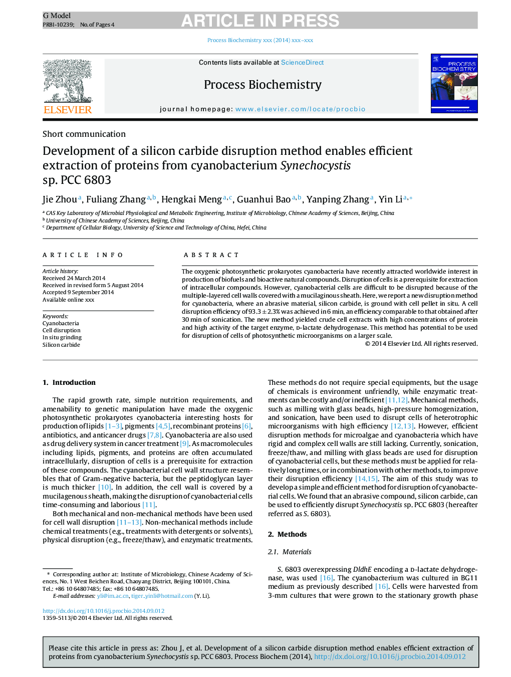 Development of a silicon carbide disruption method enables efficient extraction of proteins from cyanobacterium Synechocystis sp. PCC 6803