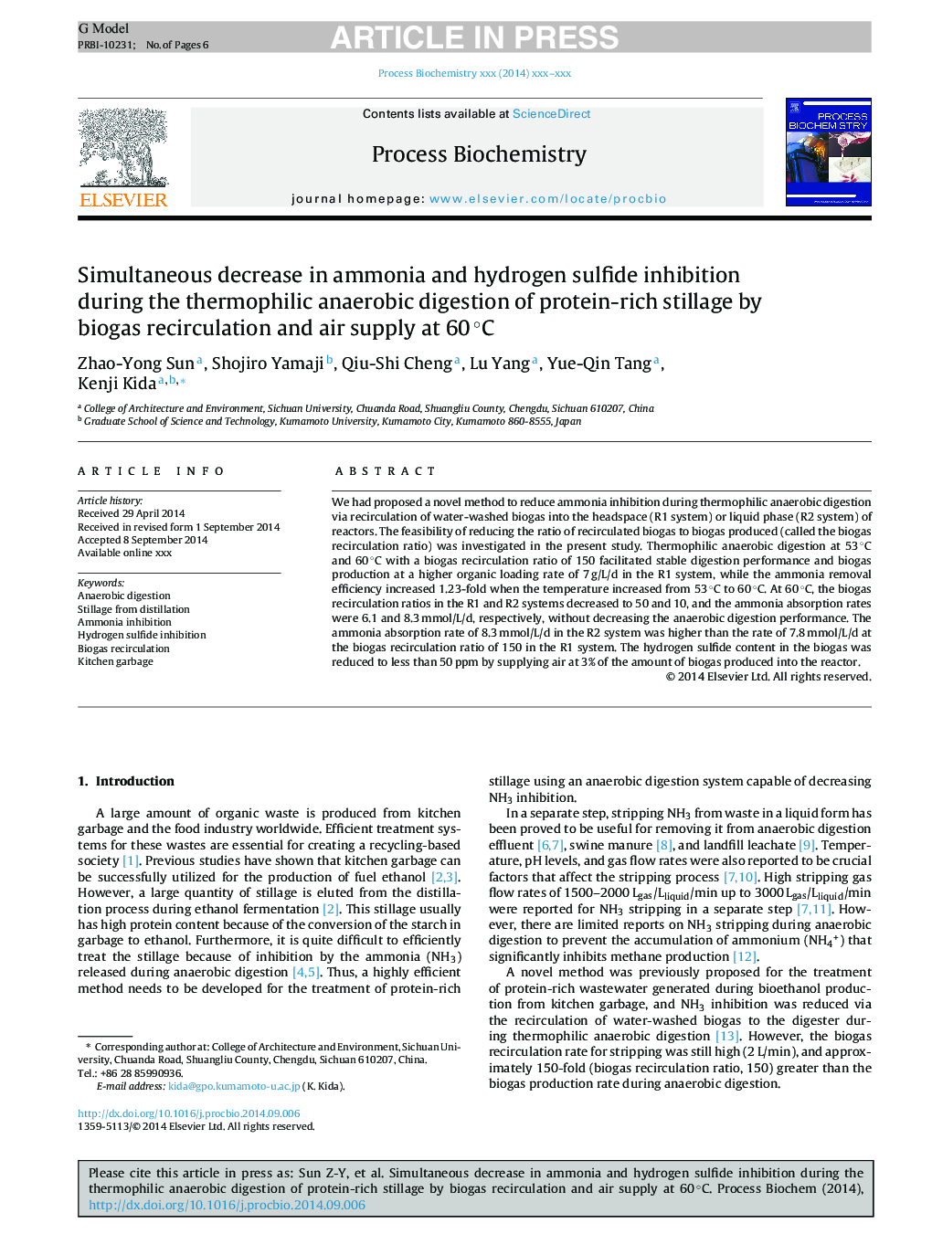 Simultaneous decrease in ammonia and hydrogen sulfide inhibition during the thermophilic anaerobic digestion of protein-rich stillage by biogas recirculation and air supply at 60Â Â°C