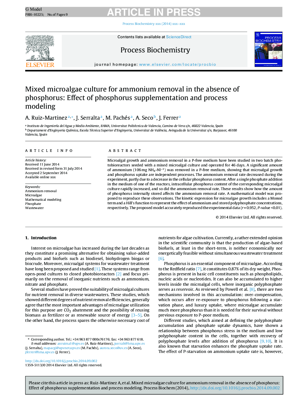 Mixed microalgae culture for ammonium removal in the absence of phosphorus: Effect of phosphorus supplementation and process modeling