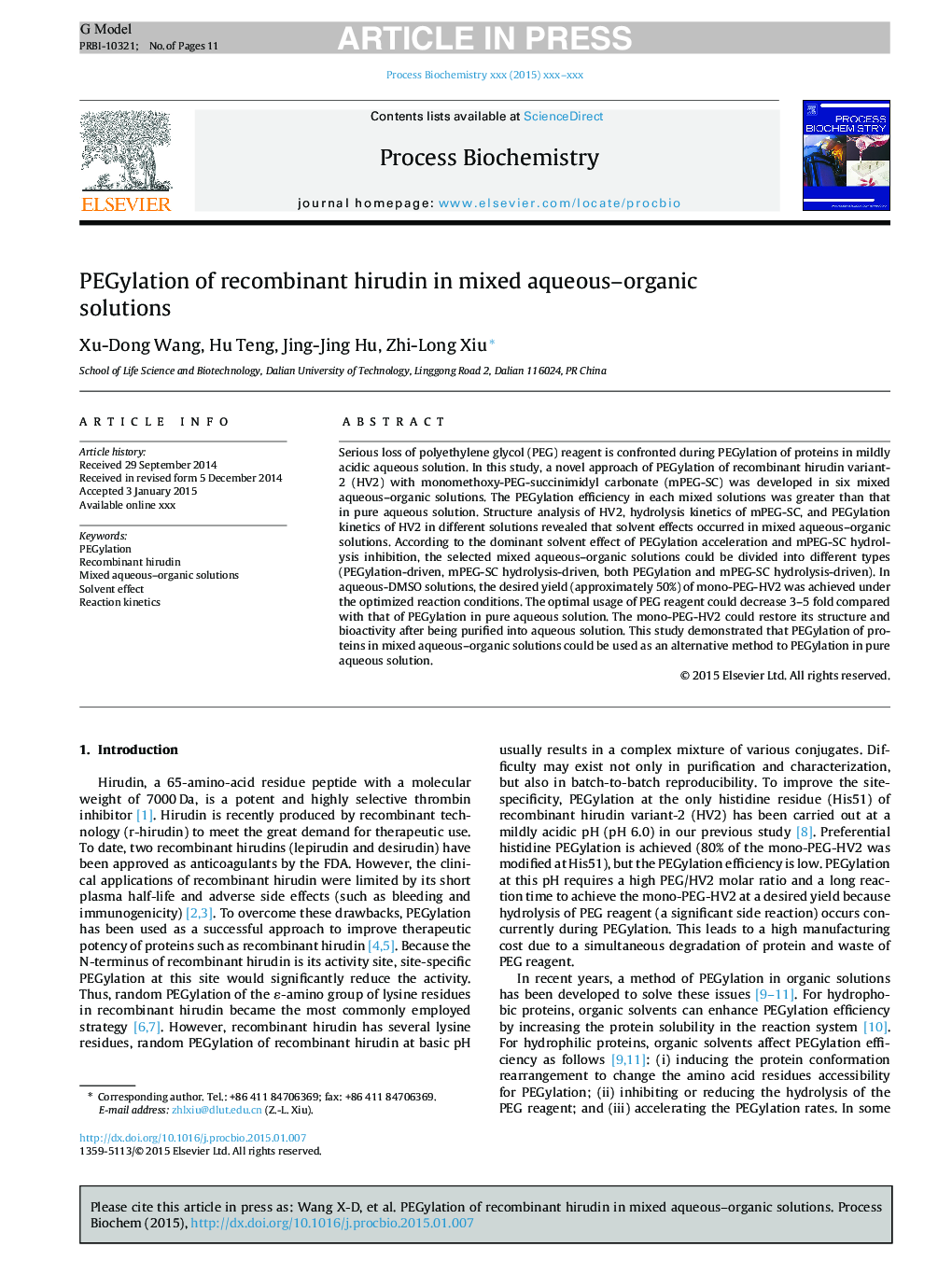 PEGylation of recombinant hirudin in mixed aqueous-organic solutions