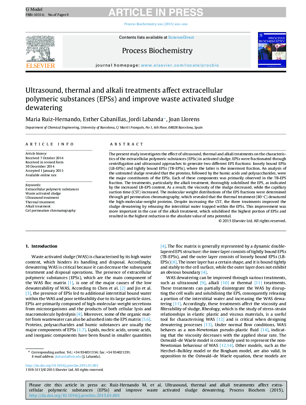 Ultrasound, thermal and alkali treatments affect extracellular polymeric substances (EPSs) and improve waste activated sludge dewatering