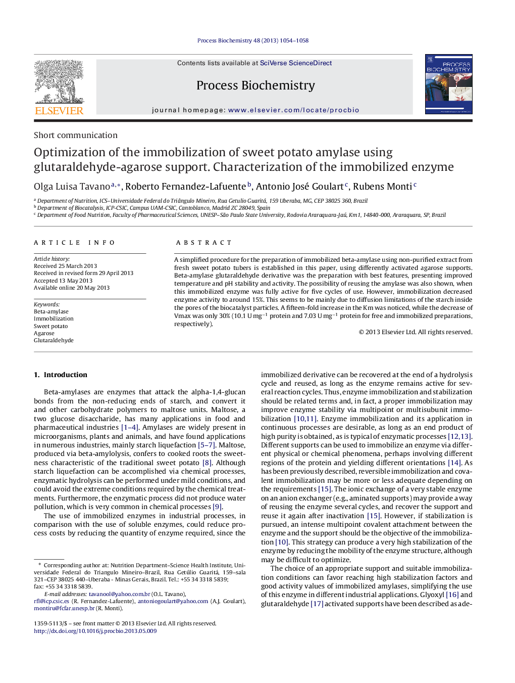 Optimization of the immobilization of sweet potato amylase using glutaraldehyde-agarose support. Characterization of the immobilized enzyme