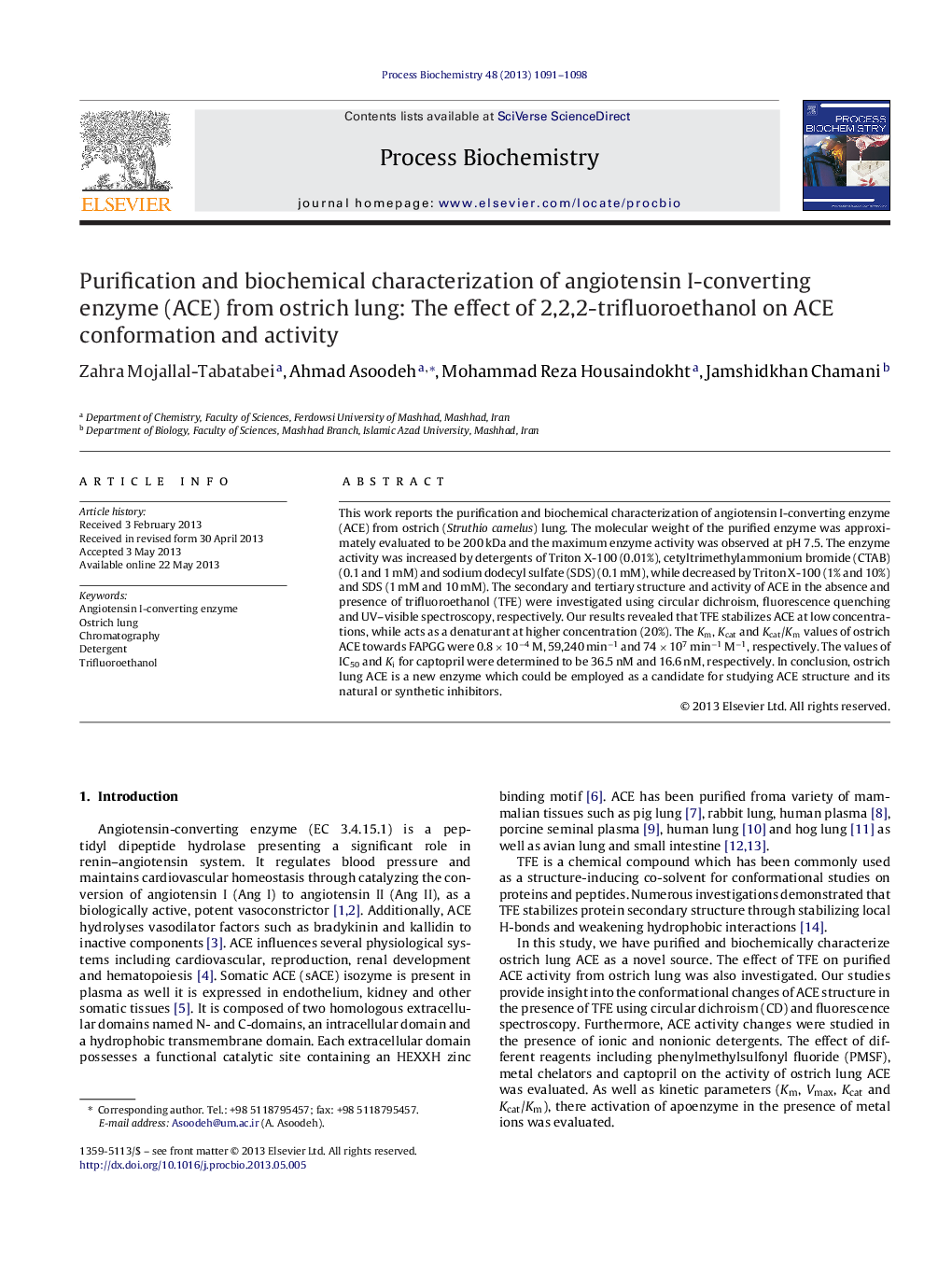 Purification and biochemical characterization of angiotensin I-converting enzyme (ACE) from ostrich lung: The effect of 2,2,2-trifluoroethanol on ACE conformation and activity