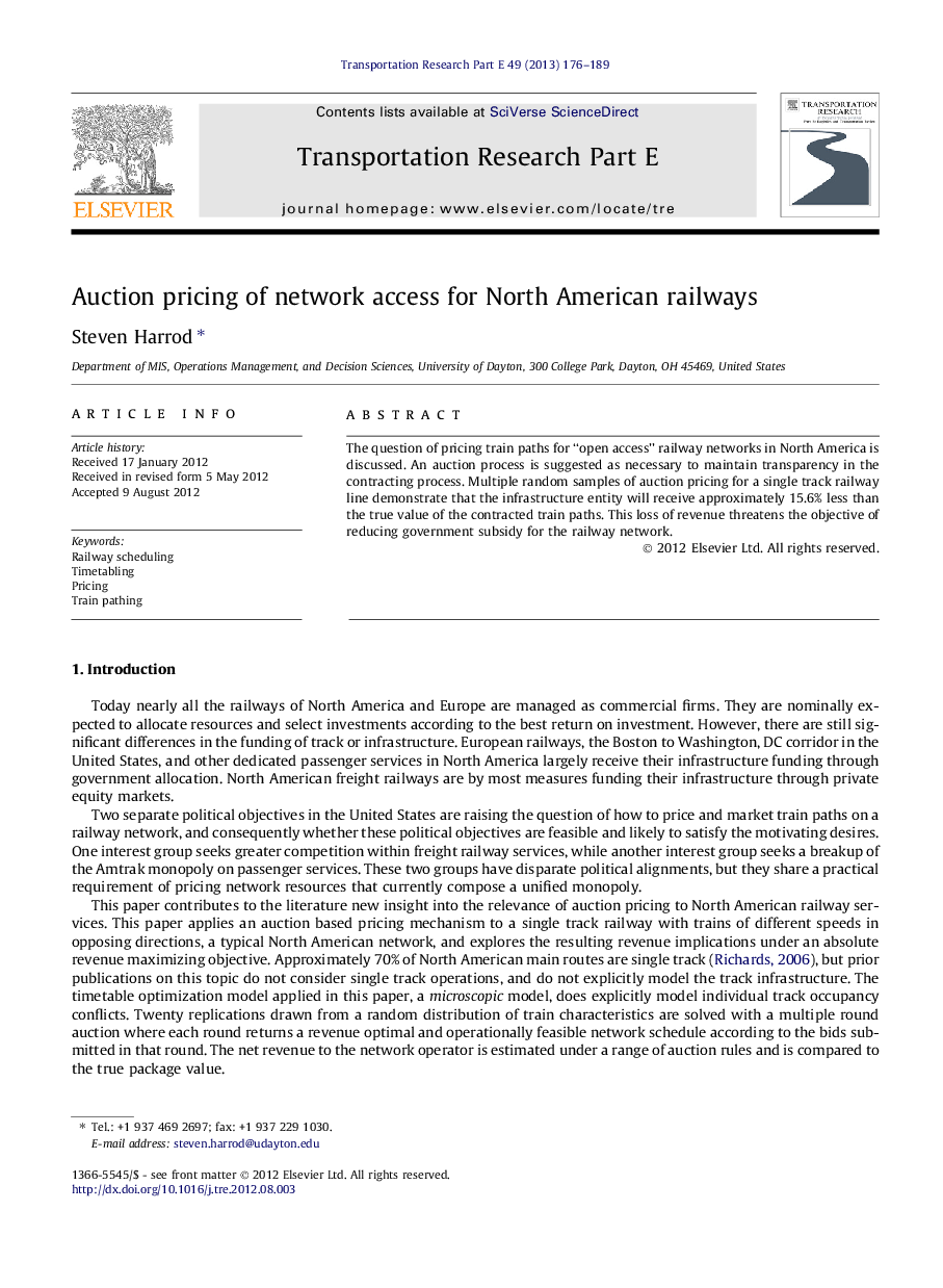 Auction pricing of network access for North American railways