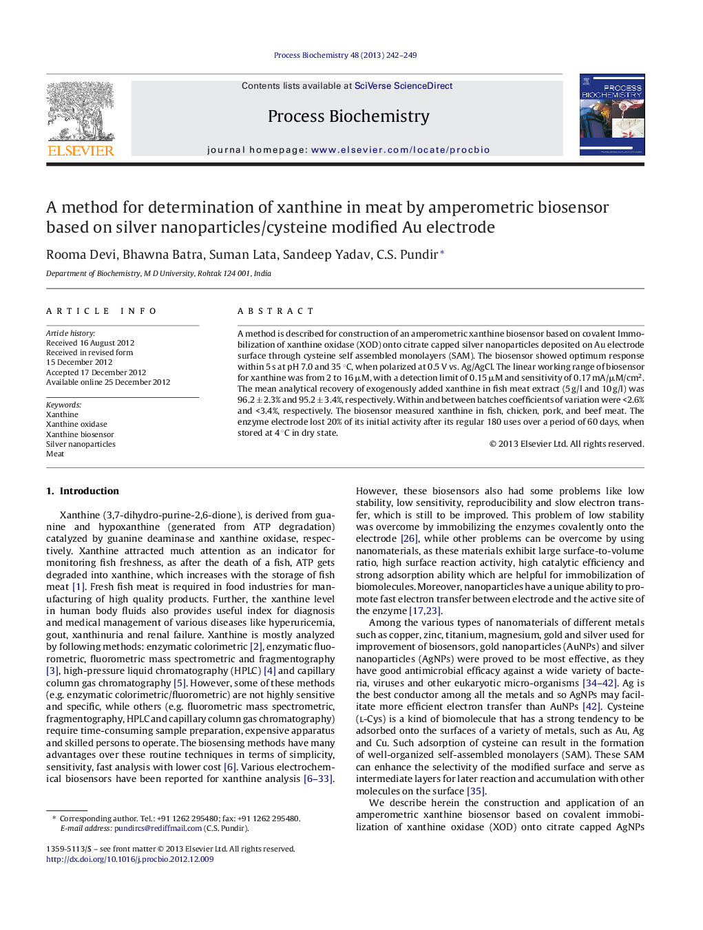 A method for determination of xanthine in meat by amperometric biosensor based on silver nanoparticles/cysteine modified Au electrode