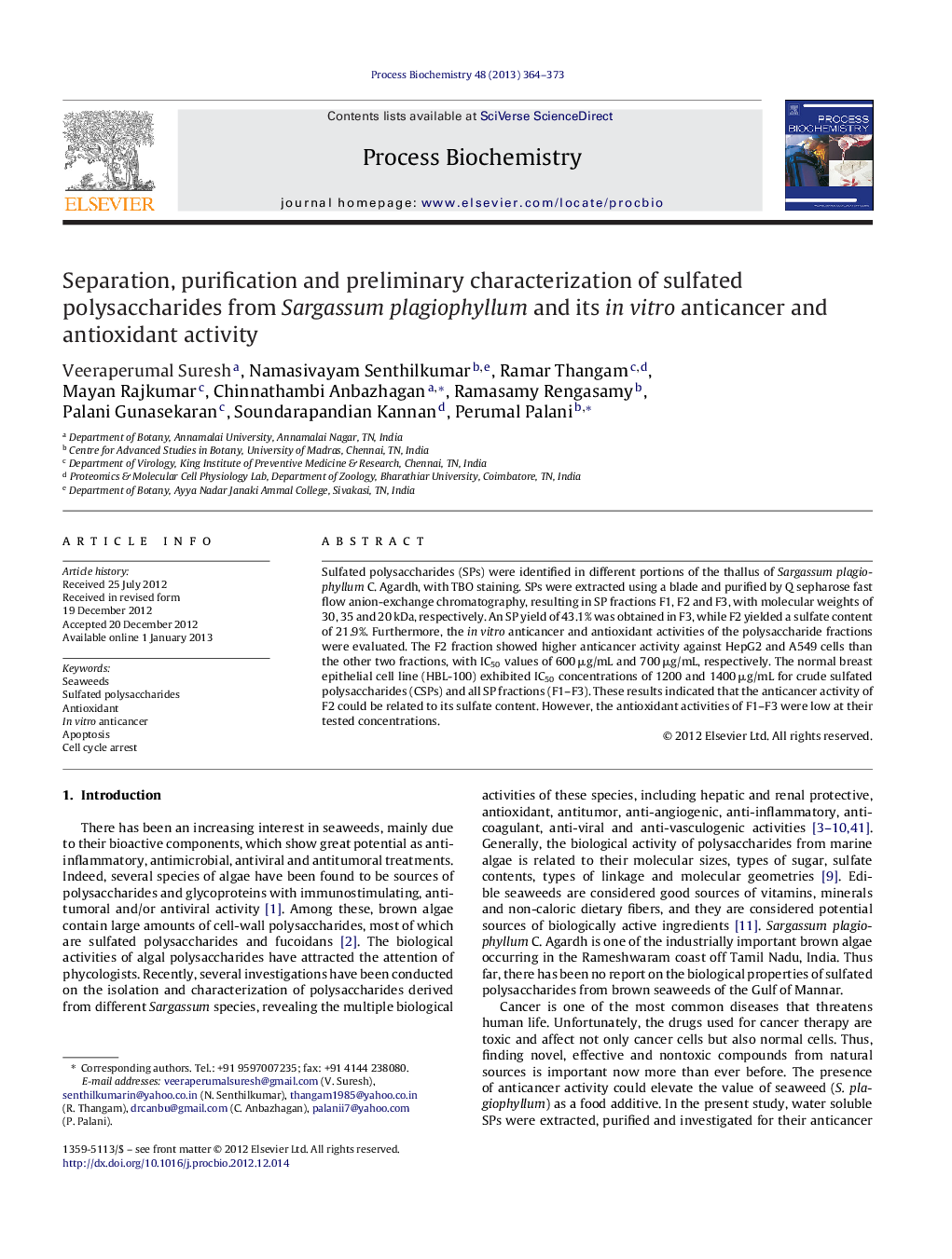 Separation, purification and preliminary characterization of sulfated polysaccharides from Sargassum plagiophyllum and its in vitro anticancer and antioxidant activity