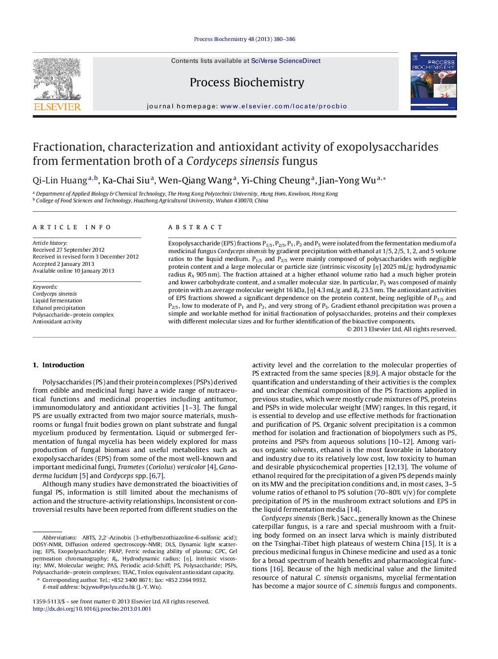 Fractionation, characterization and antioxidant activity of exopolysaccharides from fermentation broth of a Cordyceps sinensis fungus