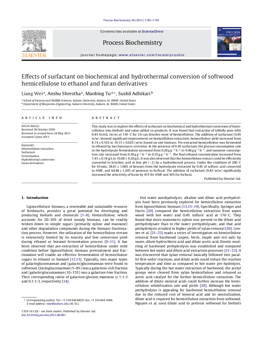 Effects of surfactant on biochemical and hydrothermal conversion of softwood hemicellulose to ethanol and furan derivatives