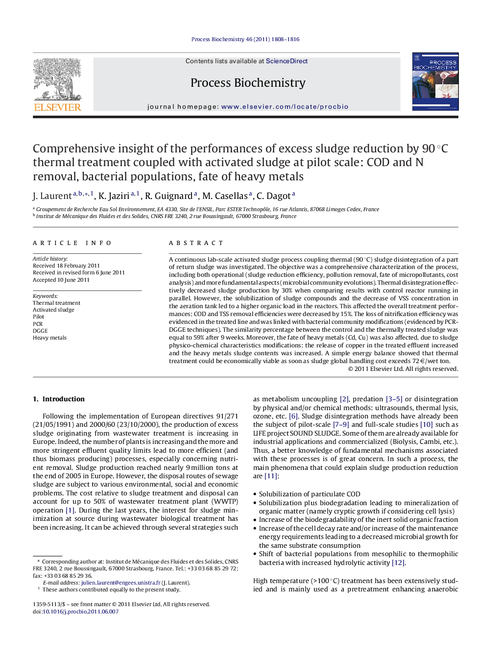 Comprehensive insight of the performances of excess sludge reduction by 90Â Â°C thermal treatment coupled with activated sludge at pilot scale: COD and N removal, bacterial populations, fate of heavy metals