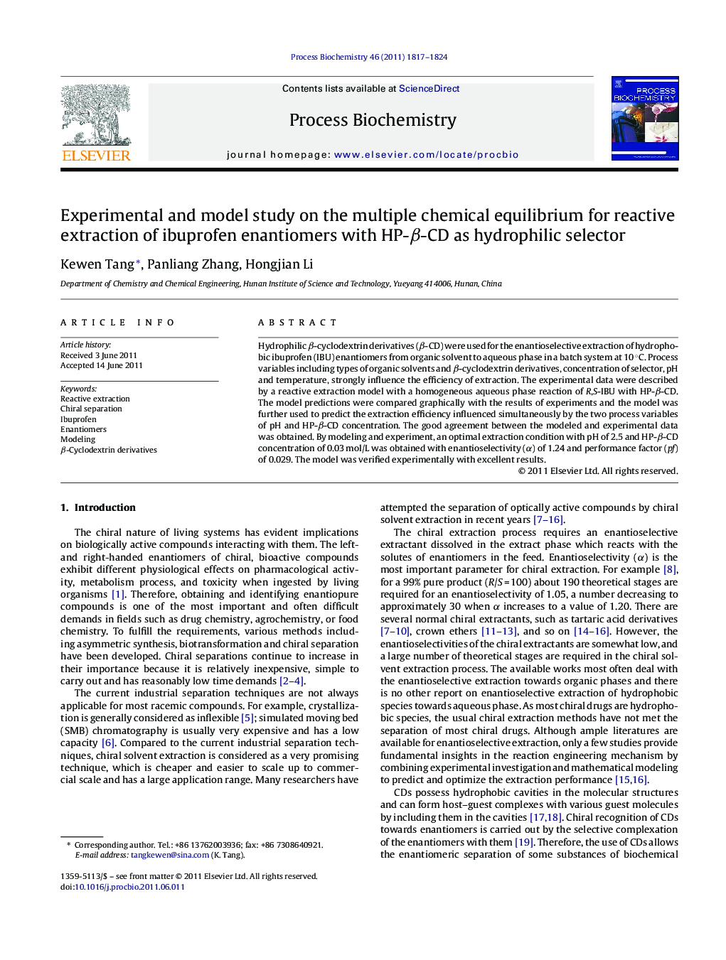 Experimental and model study on the multiple chemical equilibrium for reactive extraction of ibuprofen enantiomers with HP-Î²-CD as hydrophilic selector