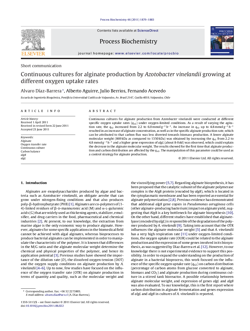 Continuous cultures for alginate production by Azotobacter vinelandii growing at different oxygen uptake rates