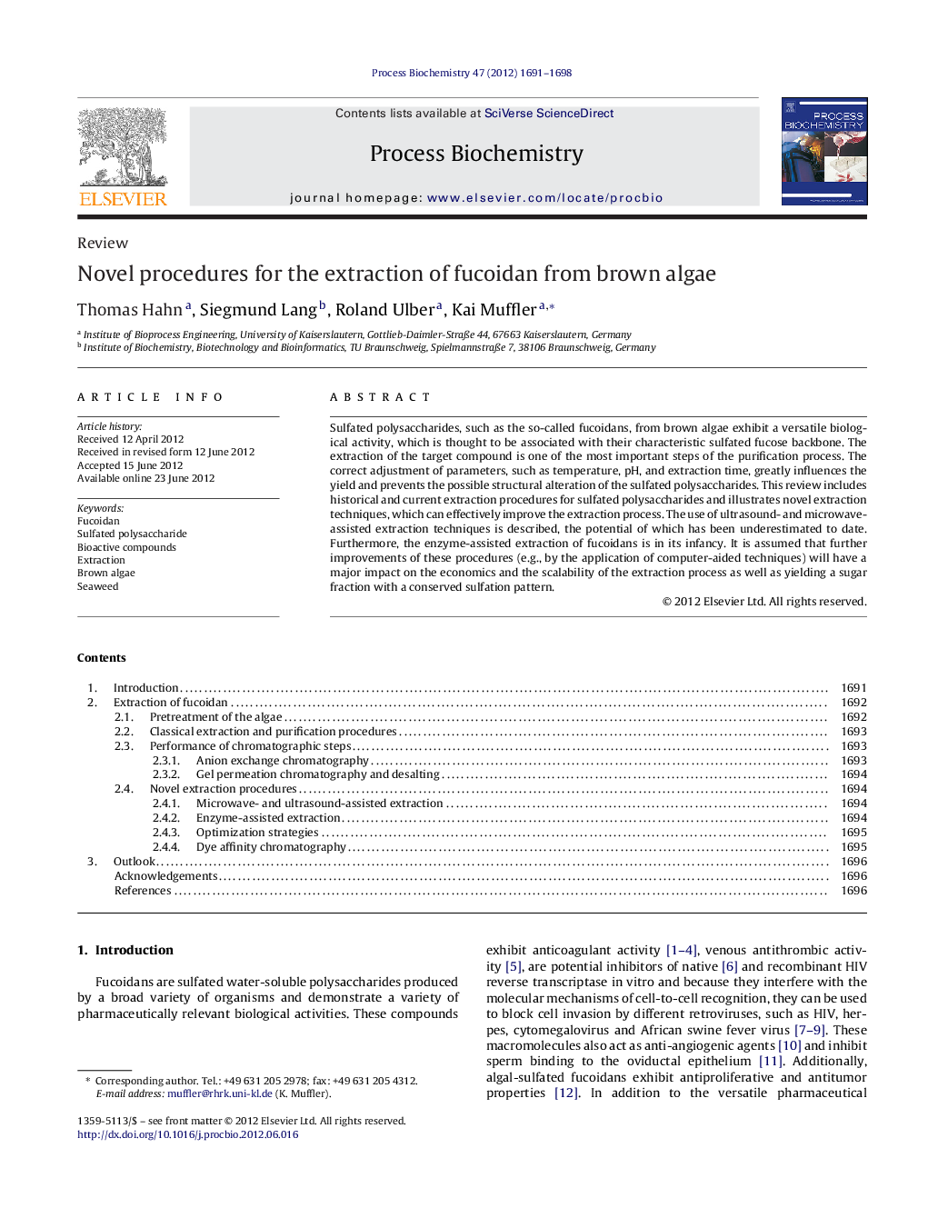 Novel procedures for the extraction of fucoidan from brown algae