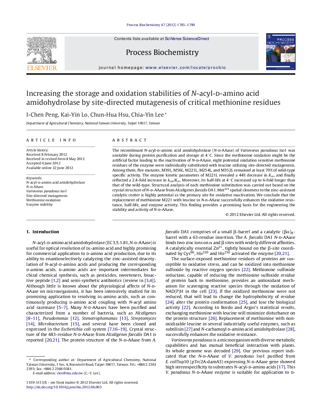 Increasing the storage and oxidation stabilities of N-acyl-d-amino acid amidohydrolase by site-directed mutagenesis of critical methionine residues