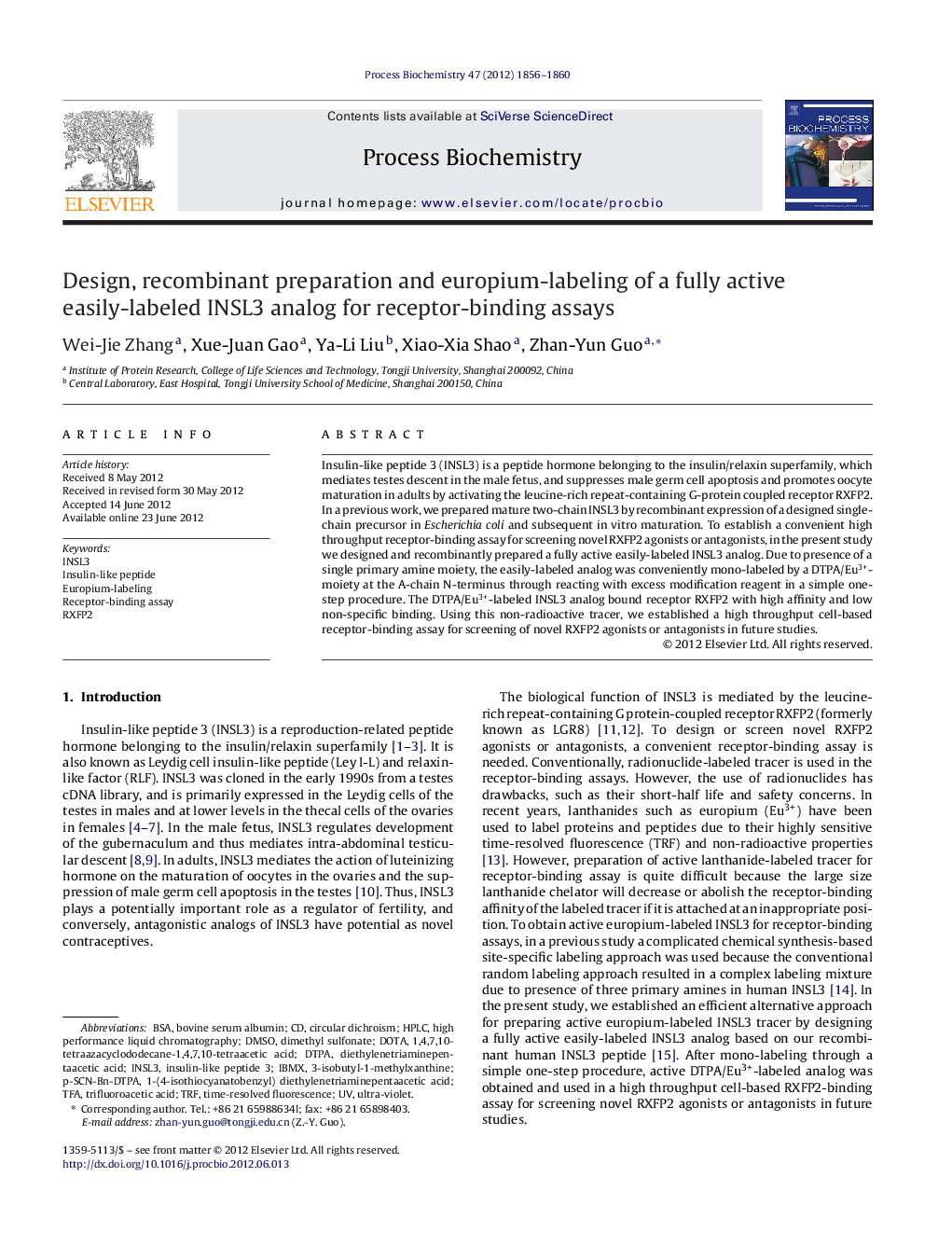 Design, recombinant preparation and europium-labeling of a fully active easily-labeled INSL3 analog for receptor-binding assays