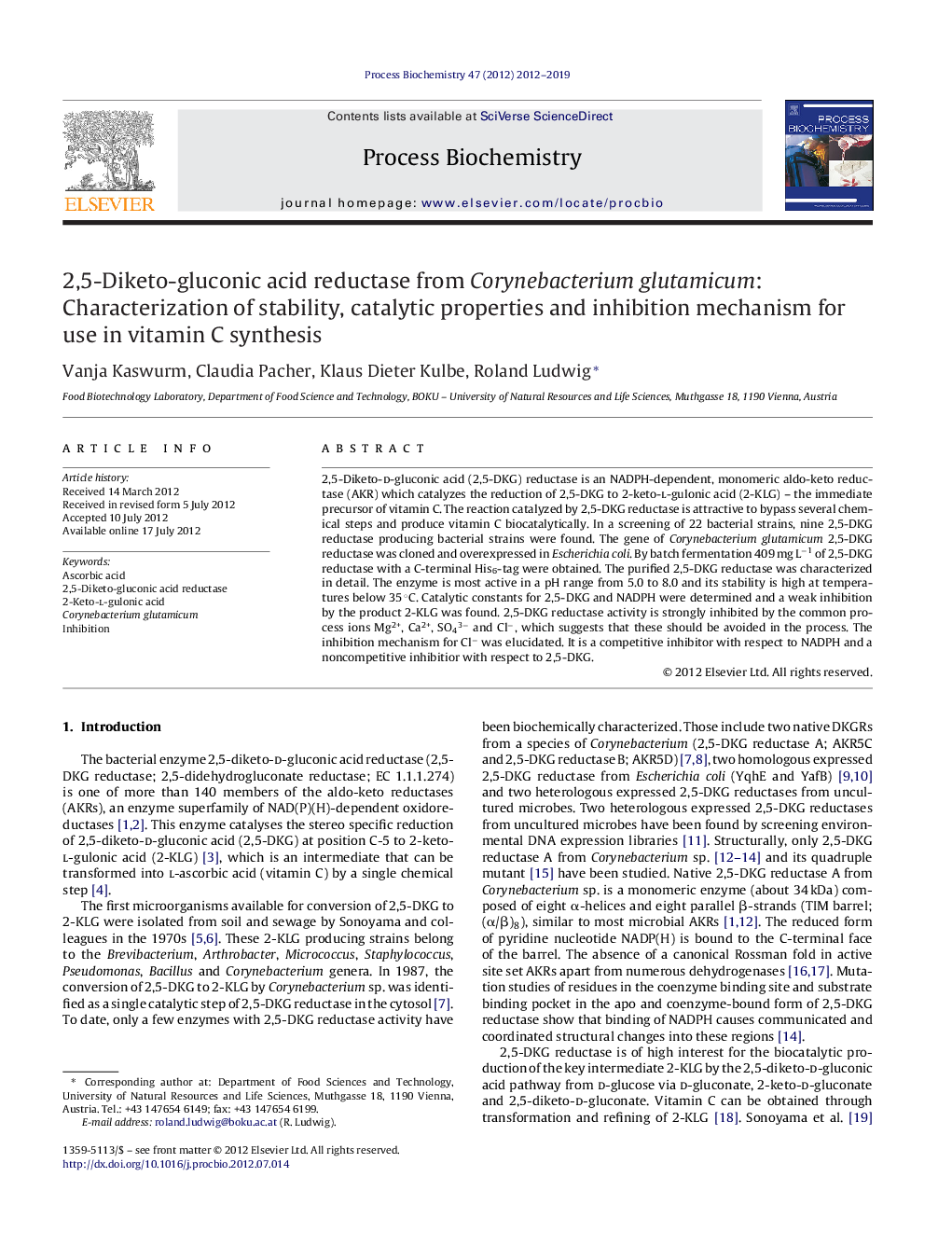 2,5-Diketo-gluconic acid reductase from Corynebacterium glutamicum: Characterization of stability, catalytic properties and inhibition mechanism for use in vitamin C synthesis