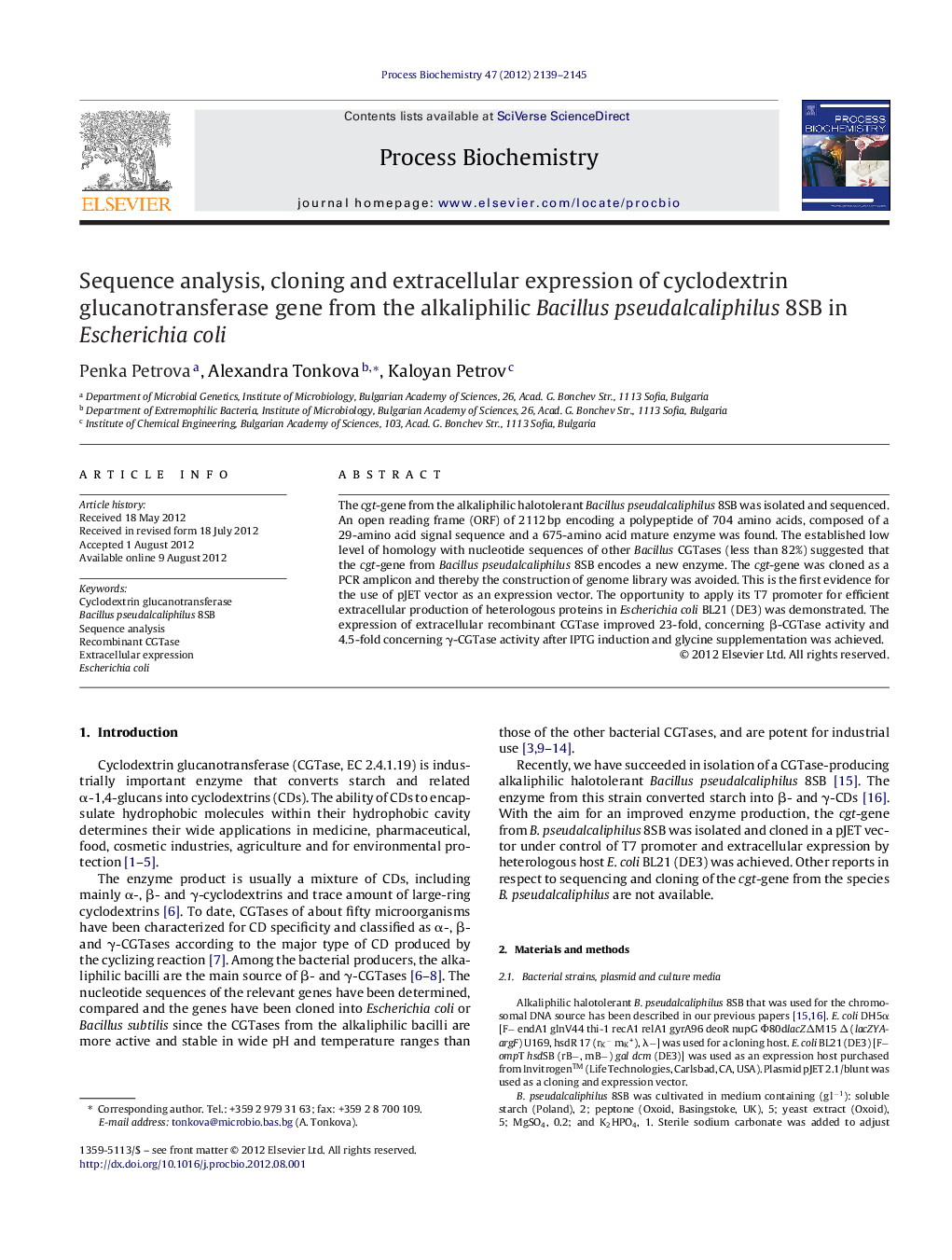 Sequence analysis, cloning and extracellular expression of cyclodextrin glucanotransferase gene from the alkaliphilic Bacillus pseudalcaliphilus 8SB in Escherichia coli