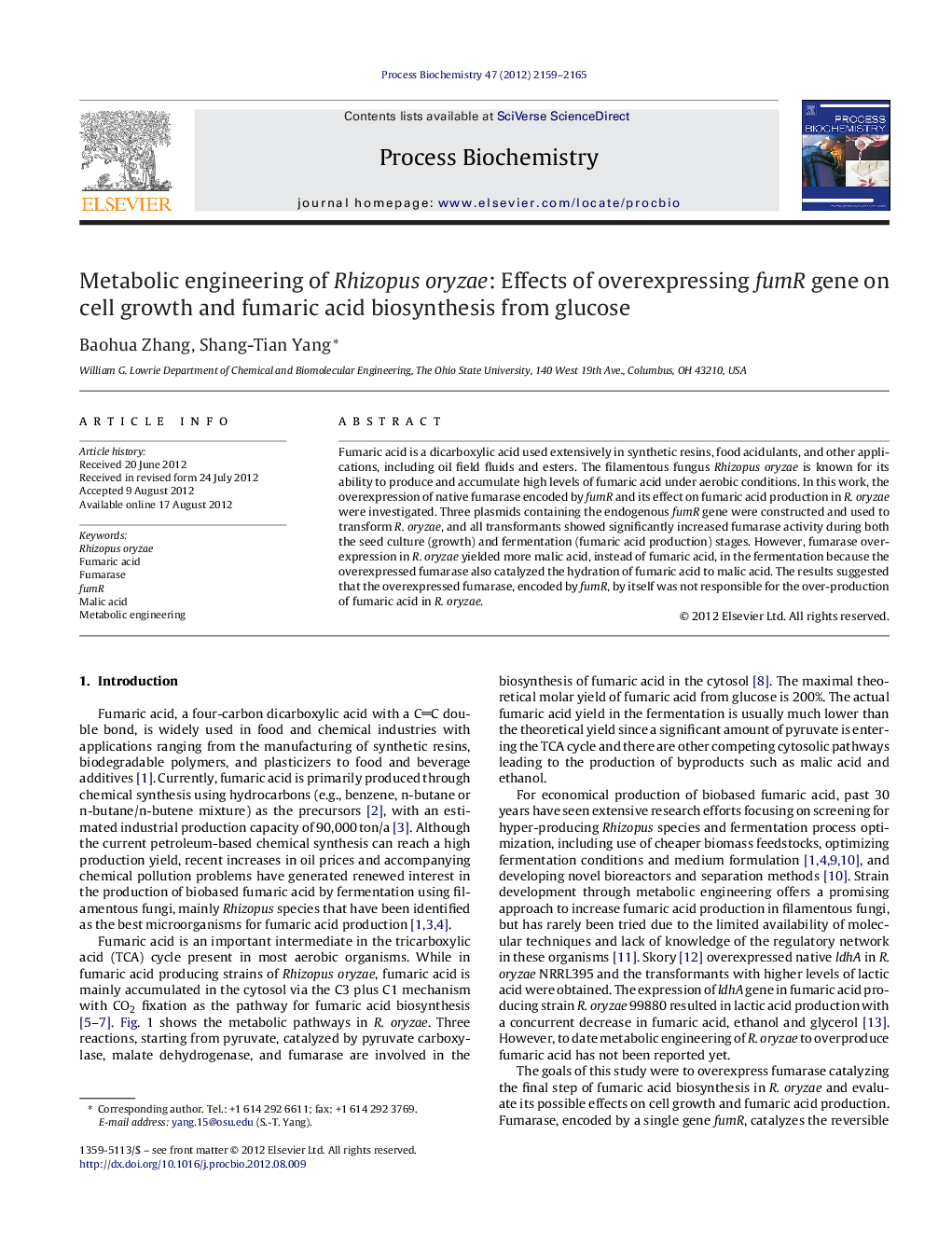 عکس صفحه اول مقاله: Metabolic engineering of Rhizopus oryzae: Effects of overexpressing fumR gene on cell growth and fumaric acid biosynthesis from glucose Metabolic engineering of Rhizopus oryzae: Effects of overexpressing fumR gene on cell growth and fumaric acid biosynthesis from glucose