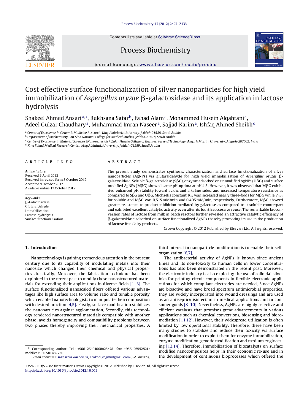 Cost effective surface functionalization of silver nanoparticles for high yield immobilization of Aspergillus oryzae Î²-galactosidase and its application in lactose hydrolysis