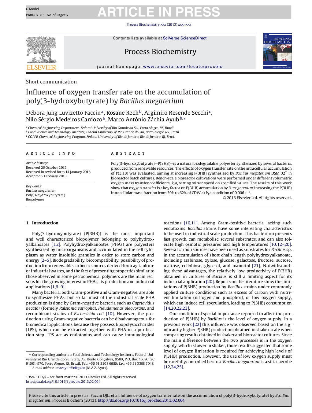 Influence of oxygen transfer rate on the accumulation of poly(3-hydroxybutyrate) by Bacillus megaterium