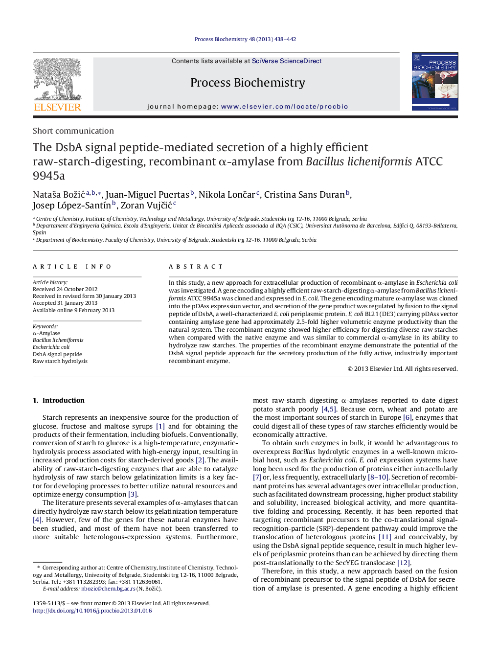 The DsbA signal peptide-mediated secretion of a highly efficient raw-starch-digesting, recombinant Î±-amylase from Bacillus licheniformis ATCC 9945a