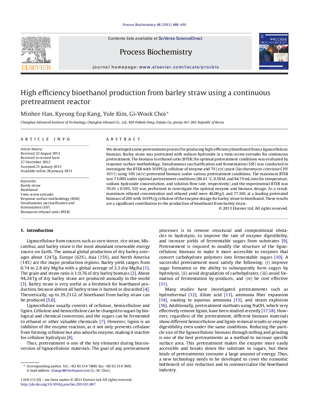 High efficiency bioethanol production from barley straw using a continuous pretreatment reactor