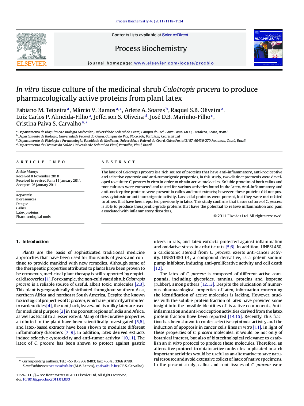 In vitro tissue culture of the medicinal shrub Calotropis procera to produce pharmacologically active proteins from plant latex